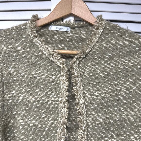 Mango Size 6 Medium Cardigan Long Sage Green Boucle Tweed Fringe Trim Soft - Picture 2 of 6